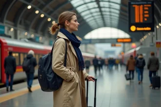 Femme en trench coat beige sur un quai de gare européenne avec une valise, regardant un tableau des départs pour un week-end prolongé à Venise en train