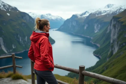 Femme en veste rouge regardant le fjord norvegien