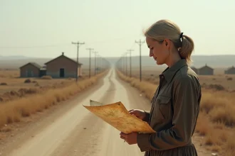 Femme d'âge moyen regardant une carte dans un paysage rural