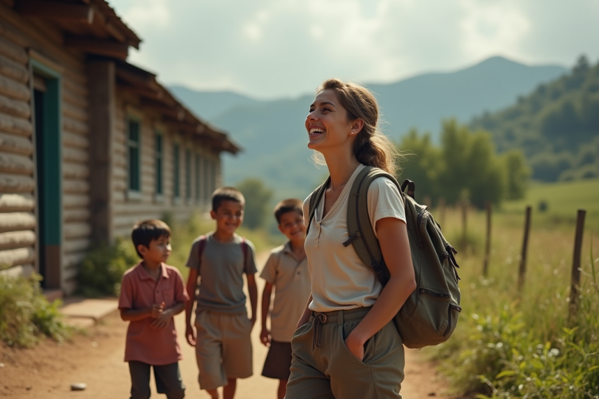 Jeune femme souriante avec enfants dans un village rural