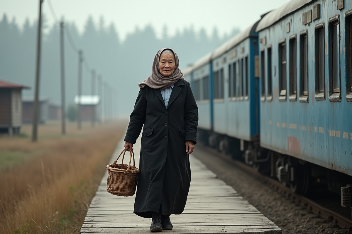Femme âgée montant sur la plateforme avec panier en main