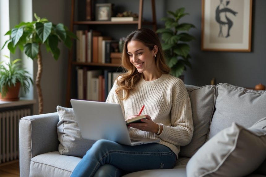Femme souriante avec ordinateur dans un salon cosy