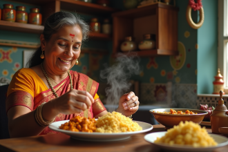 Femme indienne en saree servant un plat de poulet au beurre