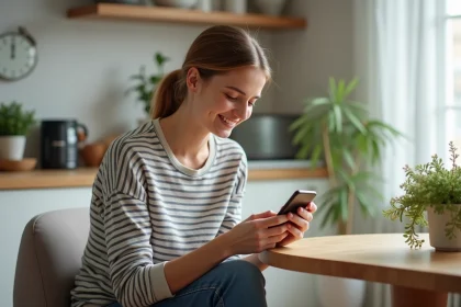 Jeune femme utilisant son smartphone pour configurer une eSIM dans la cuisine
