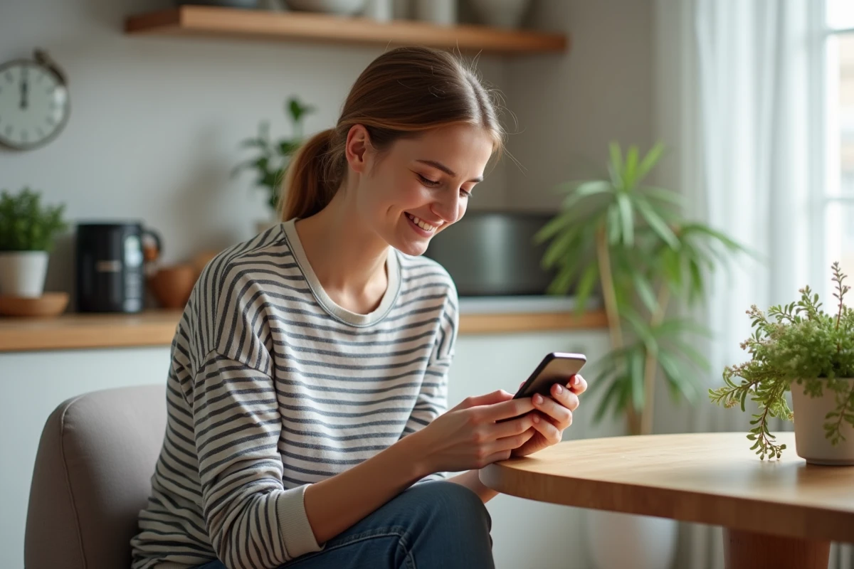 Jeune femme utilisant son smartphone pour configurer une eSIM dans la cuisine