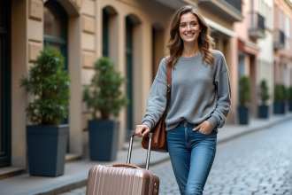 Jeune femme avec valise sur rue pavée en voyage