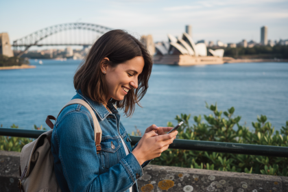 Jeune femme française souriante regardant son téléphone avec l'opéra de Sydney en arrière-plan