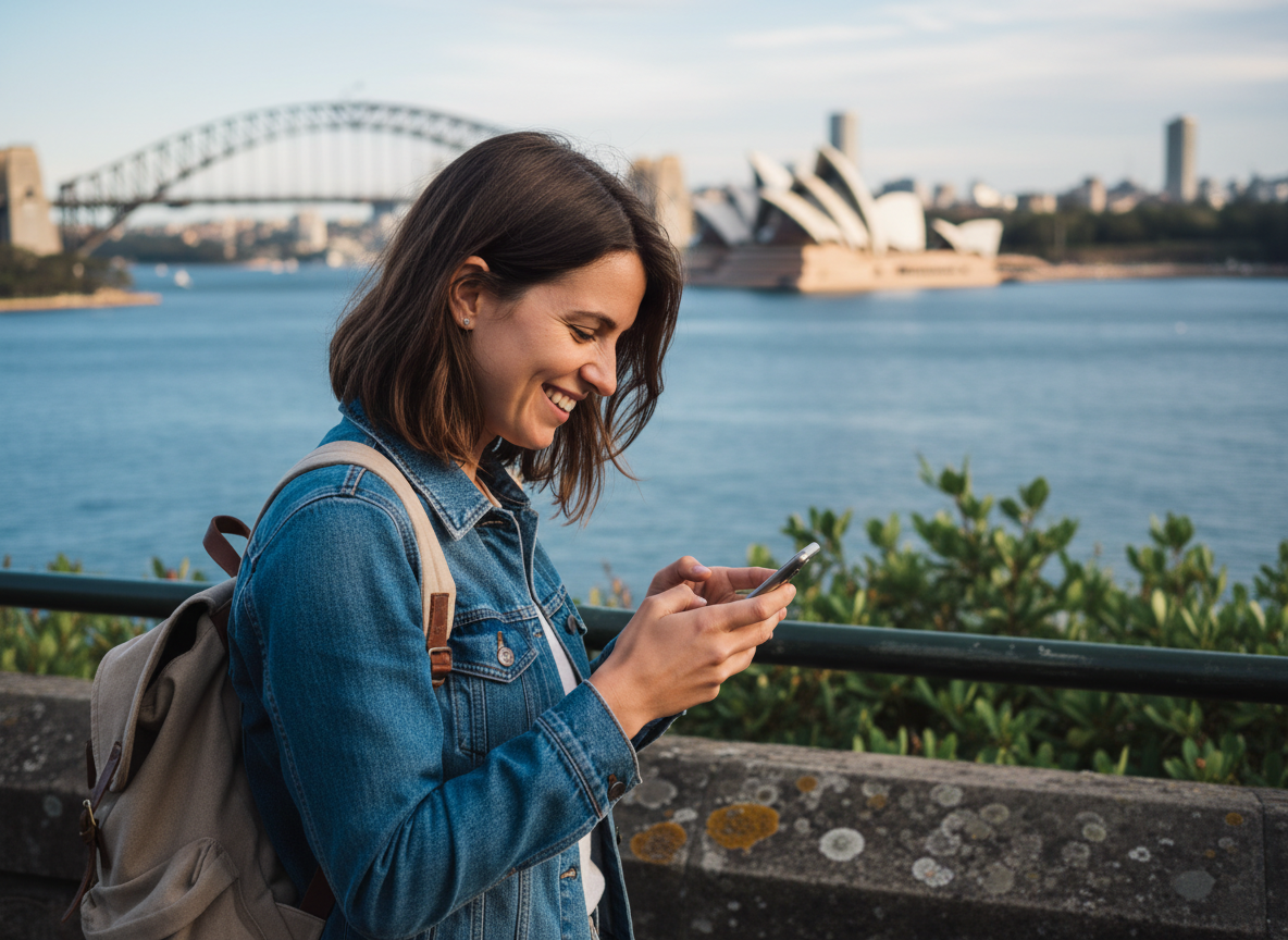 Jeune femme française souriante regardant son téléphone avec l'opéra de Sydney en arrière-plan