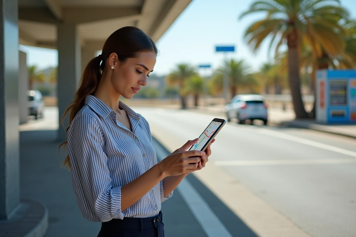 Femme tunisienne vérifiant le trafic en temps réel sur son téléphone lors d'un arrêt sur l'autoroute Tunis-Monastir
