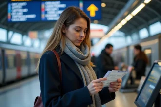 Femme en manteau navy parlant au téléphone à la gare