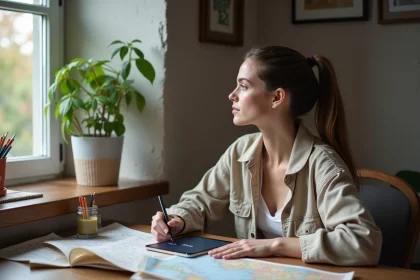 Femme en voyage réfléchissant chez elle dans un appartement cosy