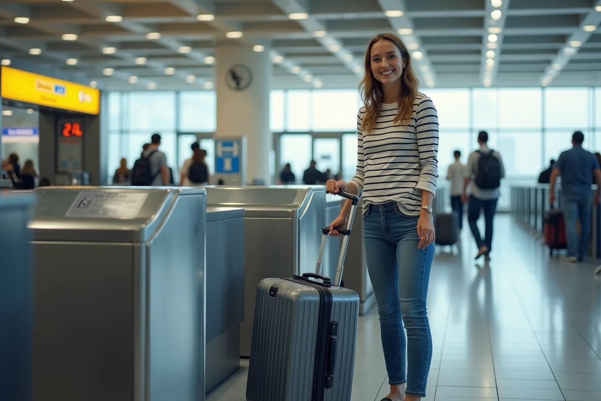 Femme plaçant une valise cabine dans un sizer à l'aéroport