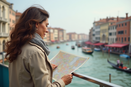 Femme regardant une carte sur un vaporetto à Venise