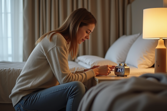 Jeune femme inspectant un réveil digital dans une chambre d'hôtel