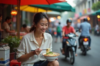 Femme vietnamienne dégustant un phở dans la rue à Hanoi