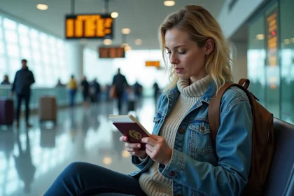 Femme voyageant &agrave; l'a&eacute;roport avec passeport et billet
