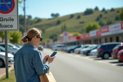 Femme voyageuse consulte son t&eacute;l&eacute;phone pr&egrave;s d'un panneau &agrave; Dancharia