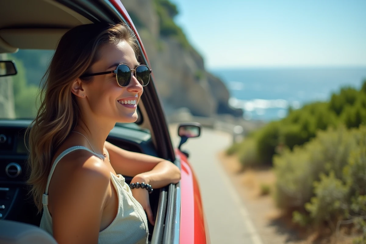 Femme dans la voiture avec vue sur la mer en Sicile
