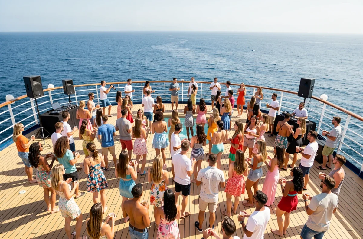 Fête animée sur le pont d'un paquebot de luxe avec des passagers dansant et socialisant en mer