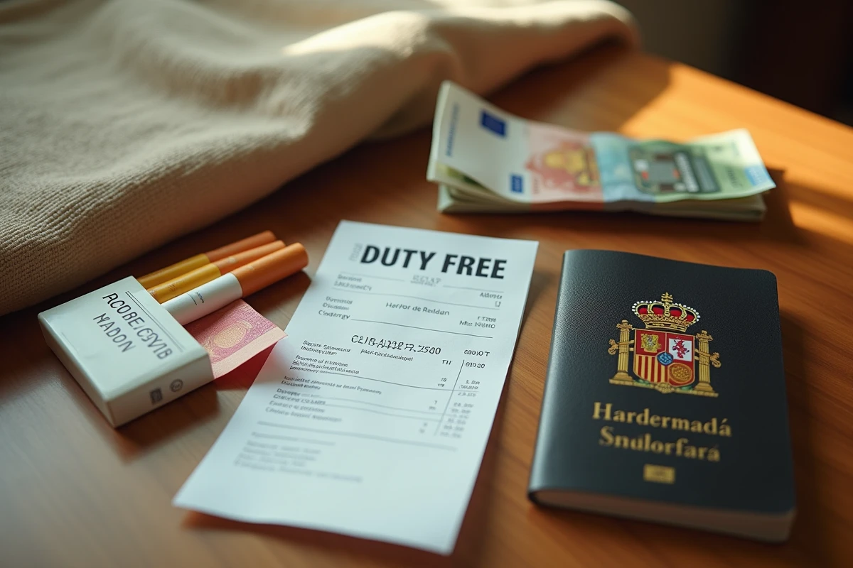 Flat-lay de cigarettes espagnoles, passeport européen et reçu hors taxe illustrant la réglementation douanière 2026