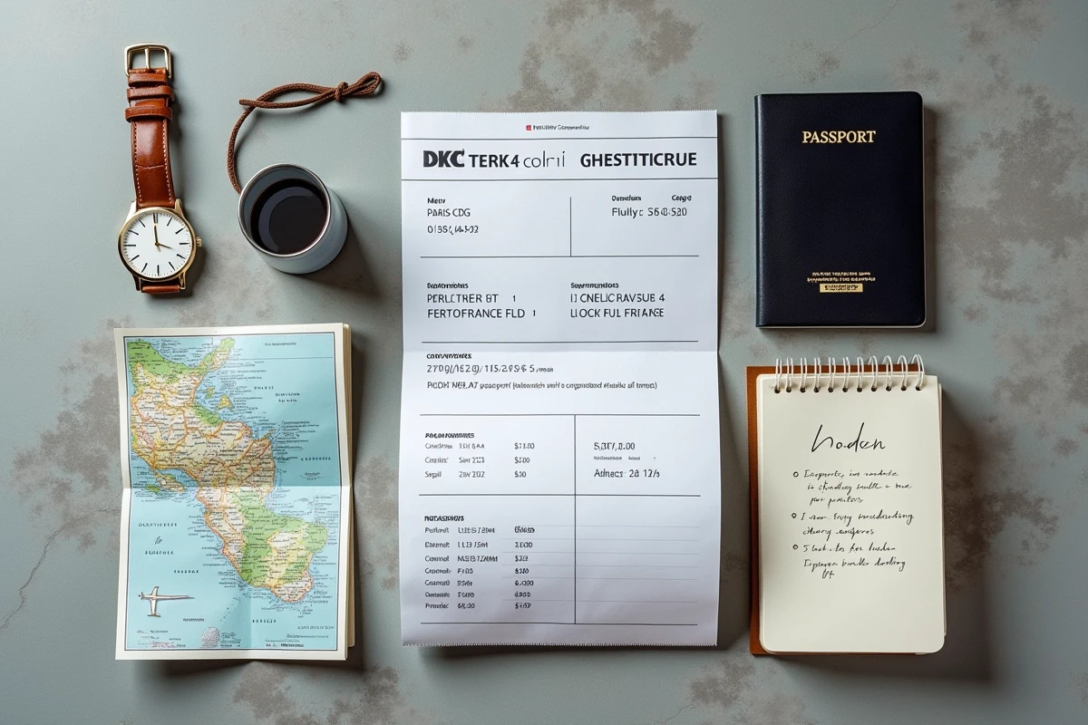 Flat lay de documents de voyage incluant carte d'embarquement Paris-Martinique, montre et carnet de notes pour planifier le décalage horaire