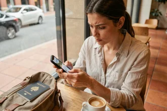 Femme consultant un forfait mobile pour le Maroc en dernière minute sur son smartphone dans un café urbain, passeport et sac de voyage posés sur la table