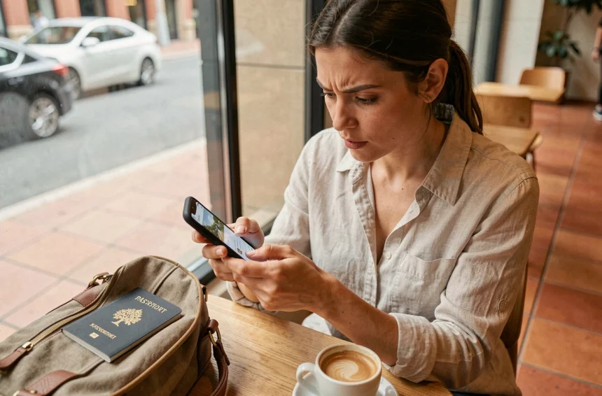 Femme consultant un forfait mobile pour le Maroc en dernière minute sur son smartphone dans un café urbain, passeport et sac de voyage posés sur la table