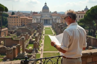 Vue panoramique du Forum romain depuis le mont Palatin avec un touriste contemplant les ruines antiques au cœur de Rome moderne