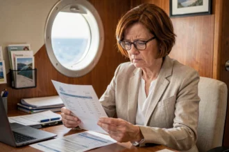 Femme examinant une facture surprenante à bord d'une cabine de croisière tout compris