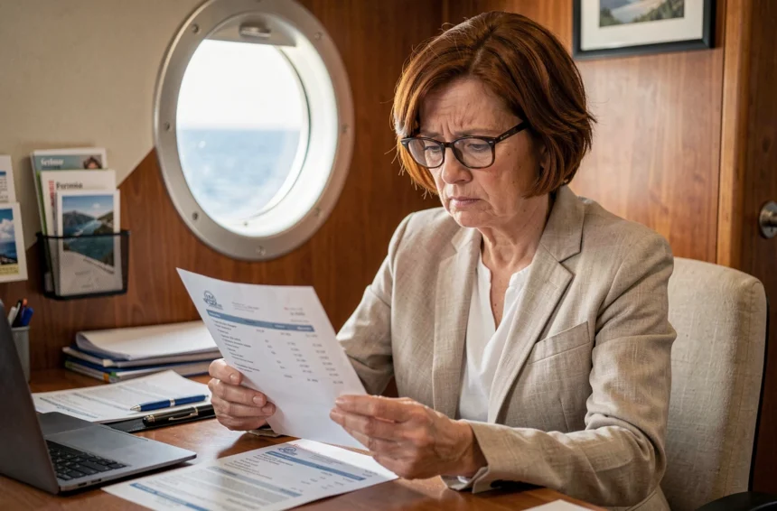 Femme examinant une facture surprenante à bord d'une cabine de croisière tout compris