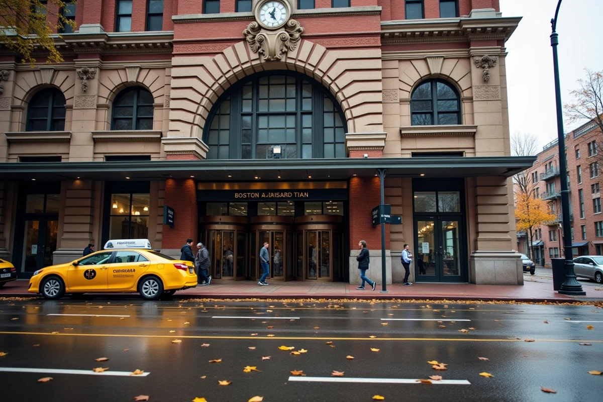 Façade de la gare South Station de Boston avec taxis et voyageurs lors d'un aller-retour depuis New York