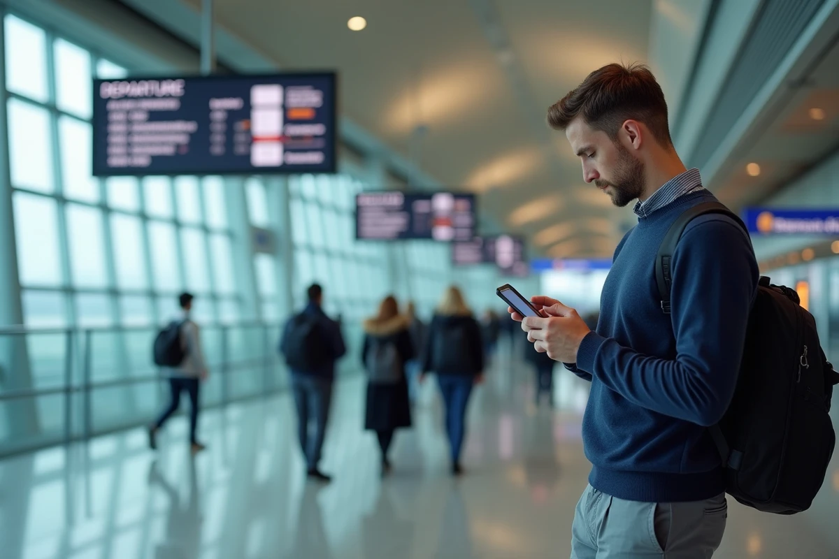 Voyageur consultant Google Flights sur smartphone à l'aéroport Charles de Gaulle avant un départ depuis Paris