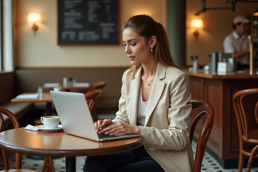 Femme utilisant Google Flights sur un ordinateur portable dans un café parisien pour rechercher des vols au départ de Paris