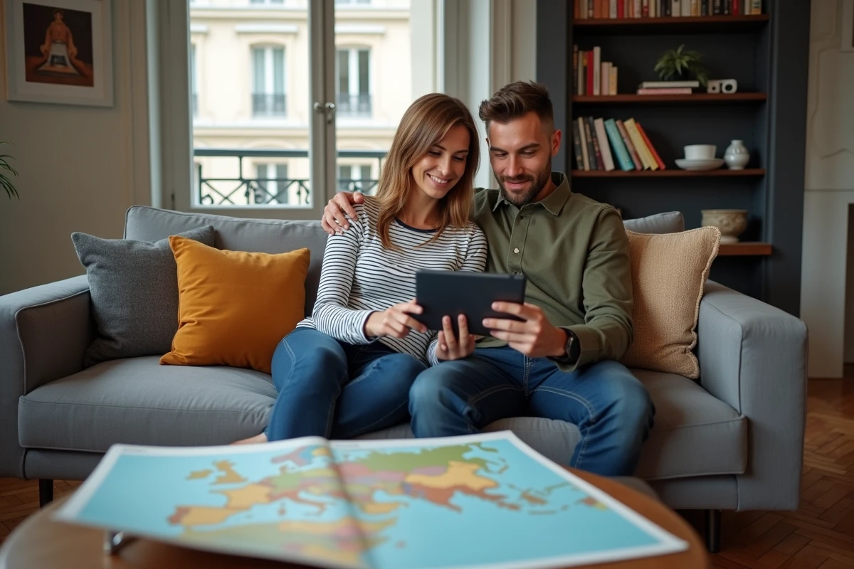 Couple parisien planifiant un voyage sur Google Flights depuis leur appartement à Paris avec une carte de l'Europe