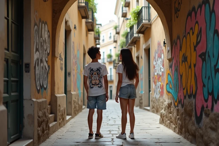 Jeunes devant un mur de street art coloré à Palermo