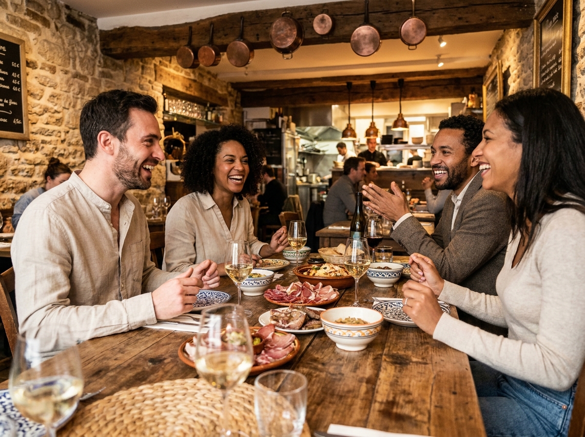 Groupe de voyageurs LGBTQ+ partageant un repas gastronomique dans un bistrot traditionnel