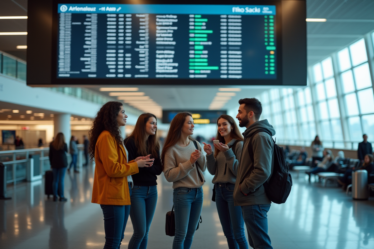 Groupe de jeunes voyageurs discutant devant un tableau d