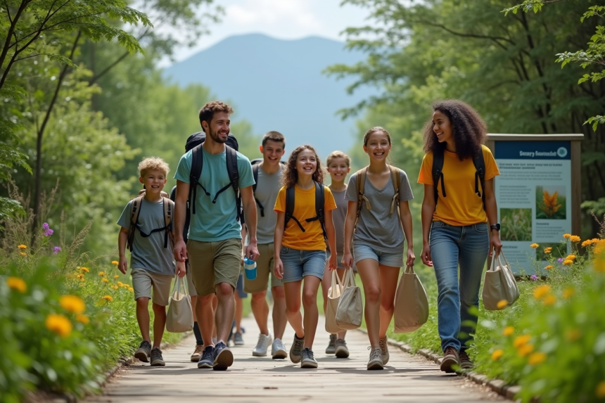 Groupe divers en randonnée dans une forêt verte