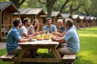 Groupe d'adultes partageant un repas devant des chalets de camping en chaîne lors de vacances en groupe