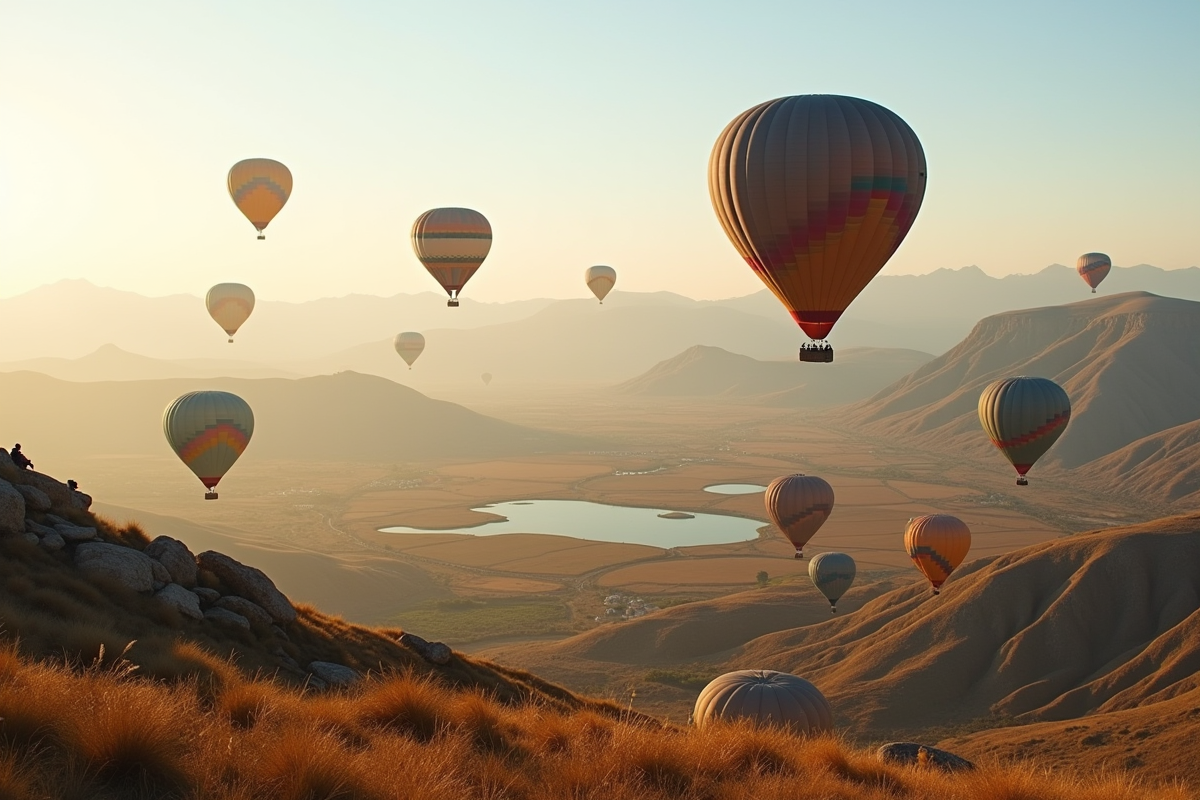 Groupe de ballons multicolores flottant au-dessus de la vallée