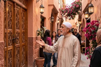 Guide touristique marocain en djellaba devant une ruelle de la médina de Marrakech avec des voyageurs lors d'un circuit organisé par Azami Voyage