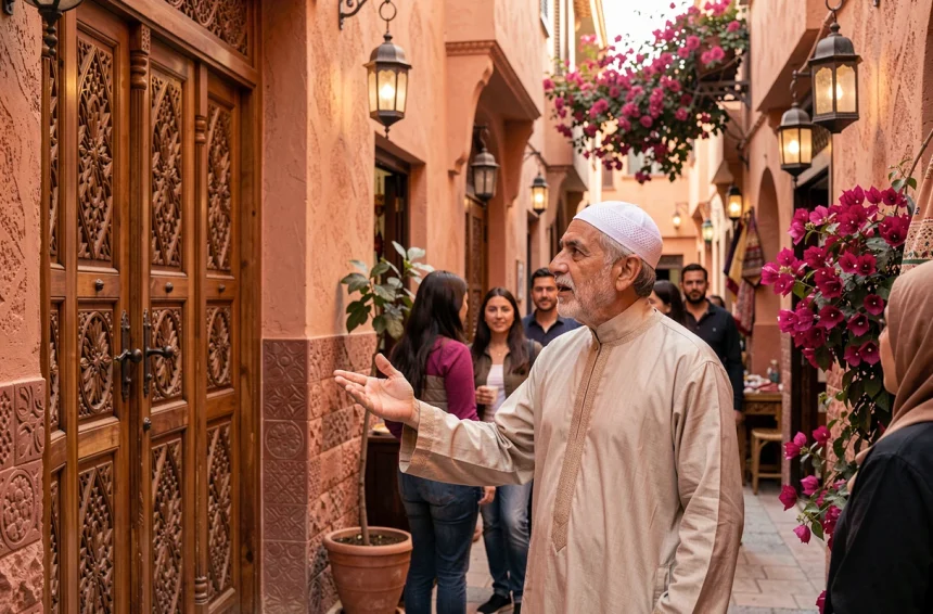 Guide touristique marocain en djellaba devant une ruelle de la médina de Marrakech avec des voyageurs lors d'un circuit organisé par Azami Voyage