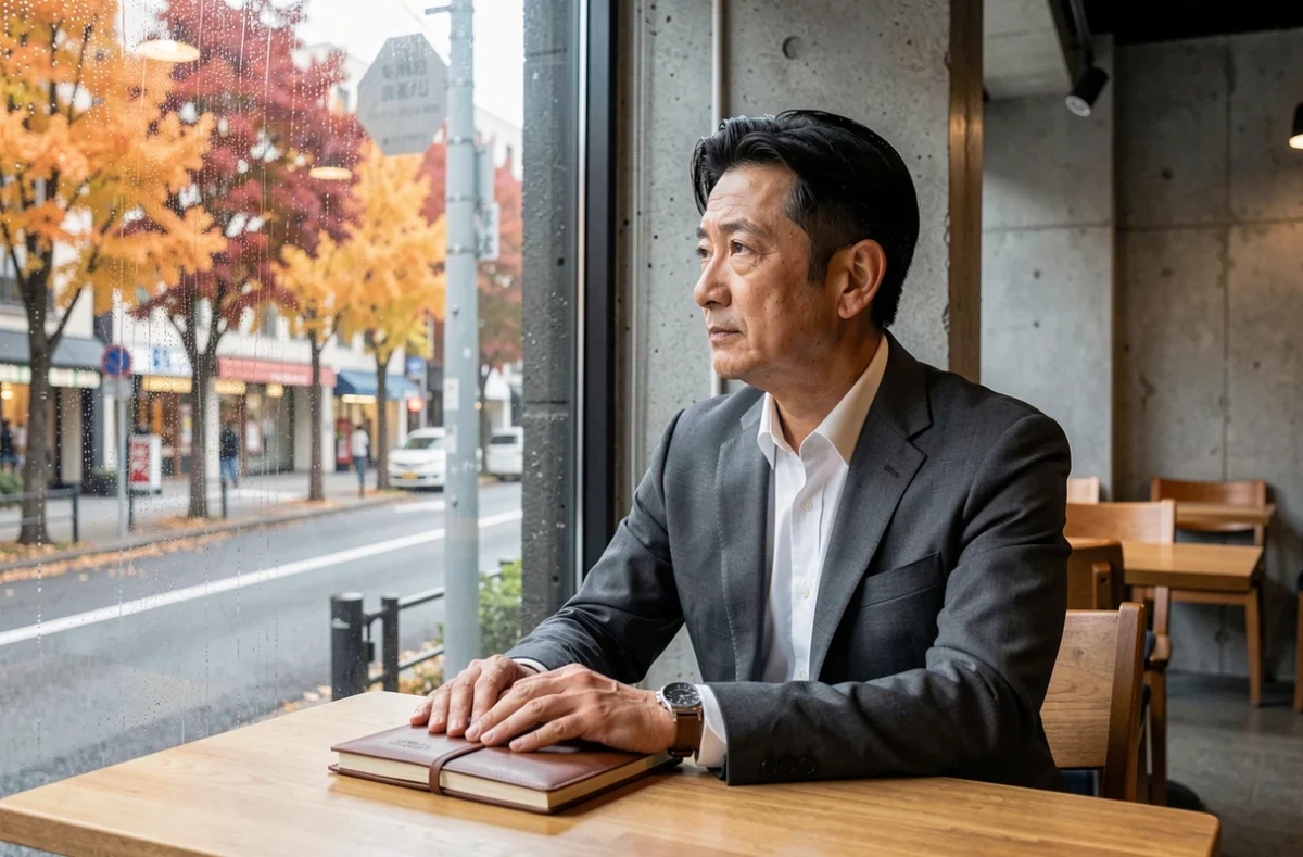 Homme d'affaires japonais en automne à Tokyo consultant sa montre et son agenda dans un café moderne