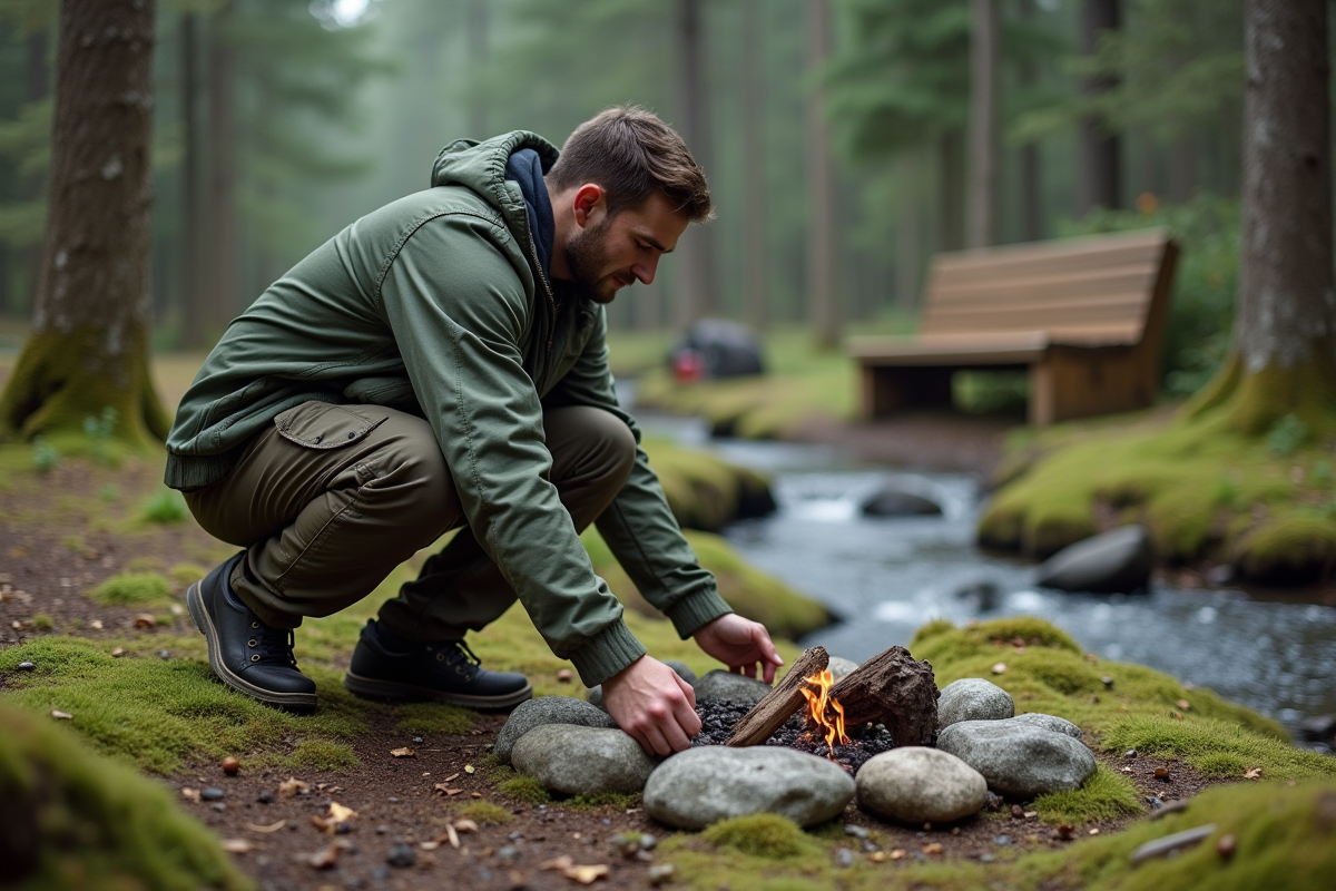 Homme arrangeant des pierres pour un feu de camp en forêt