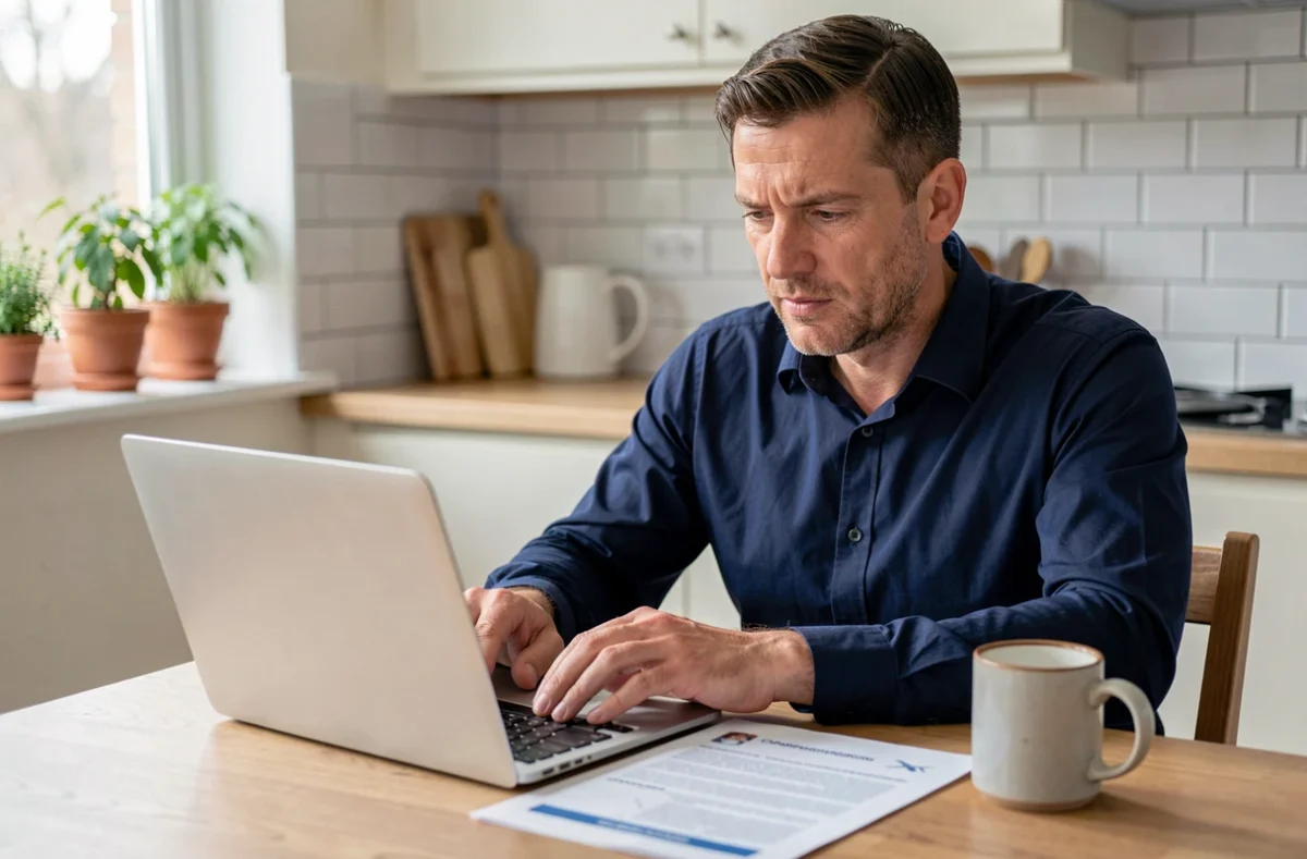 Homme lisant des avis AirHelp sur un ordinateur portable à la maison après l'annulation de son premier vol