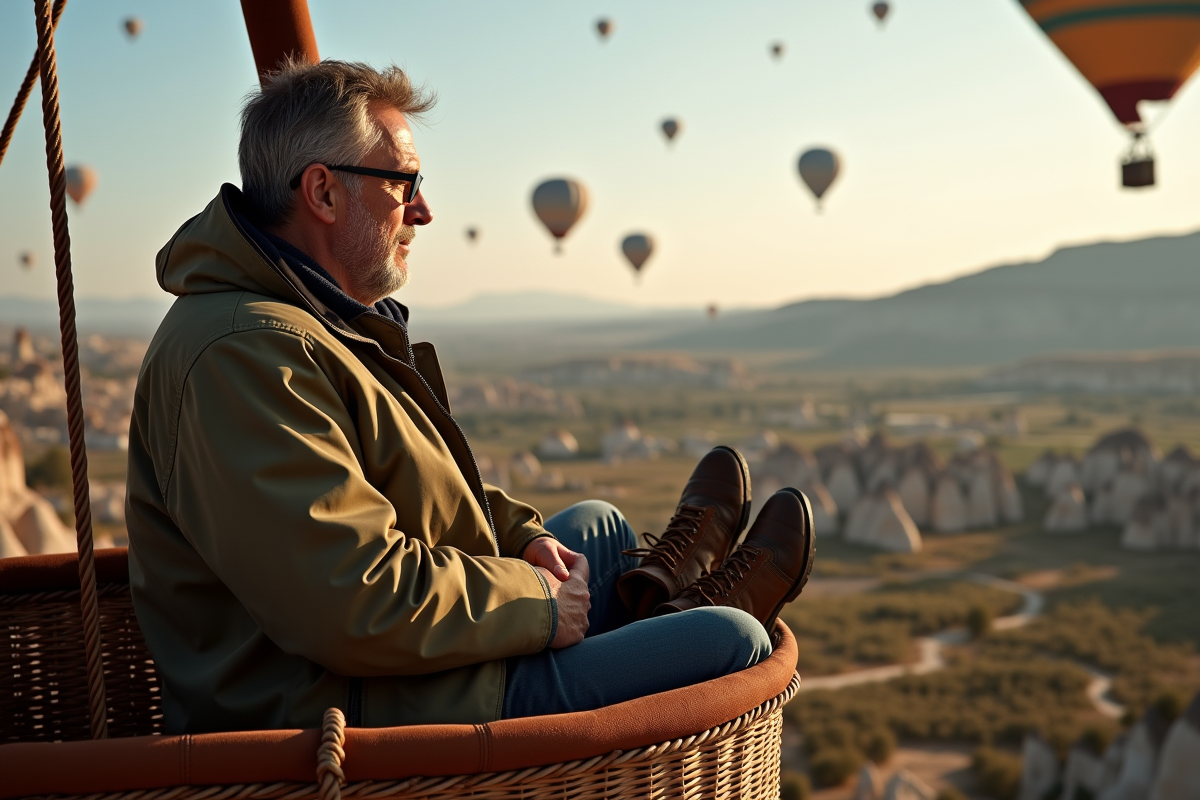 Homme dans la nacelle d’un ballon observant la vallée