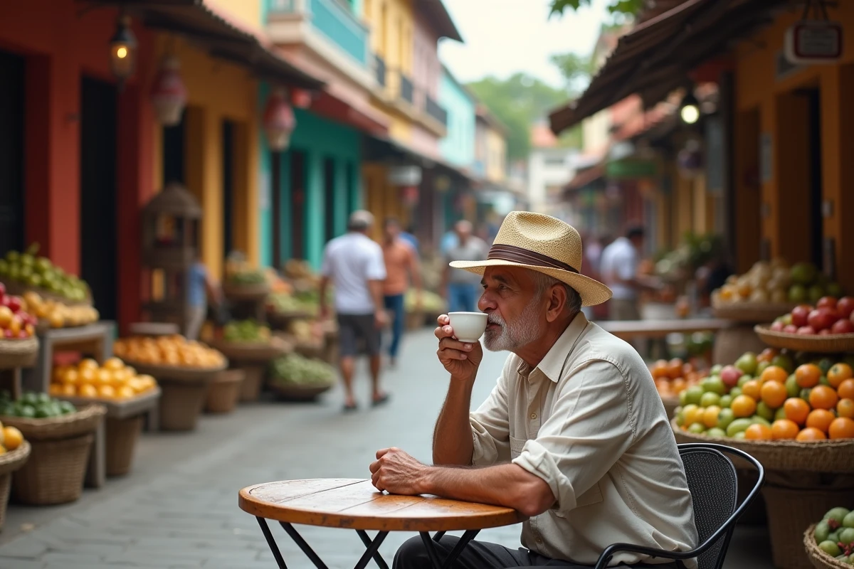 Homme âgé dans un marché tropical avec café