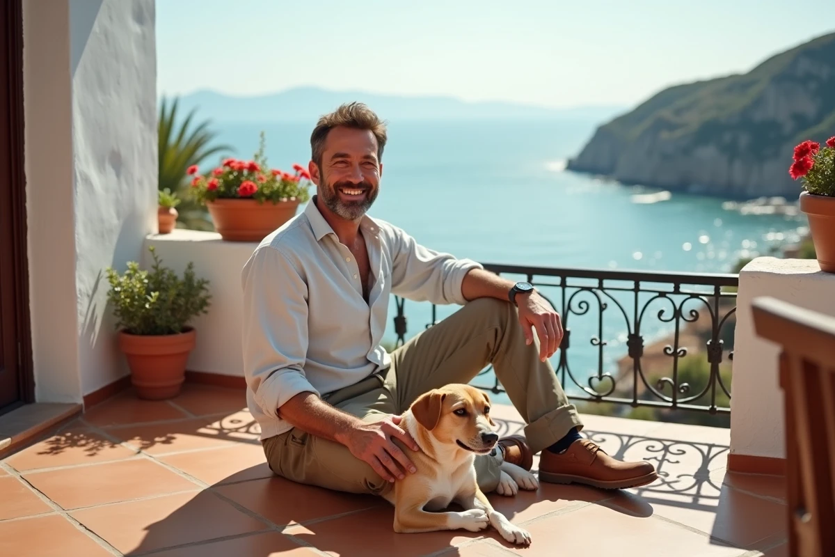 Homme et son chien sur la terrasse d'un hébergement pet friendly en Andalousie face à la mer