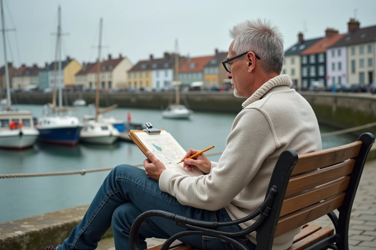 Homme dessine marina Honfleur sur un banc au bord de l