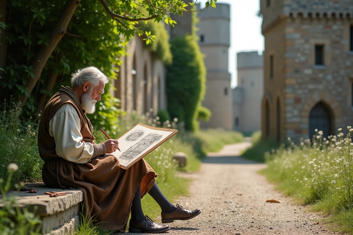 Homme ancien esquissant le château de Requesens dans un cadre medieval